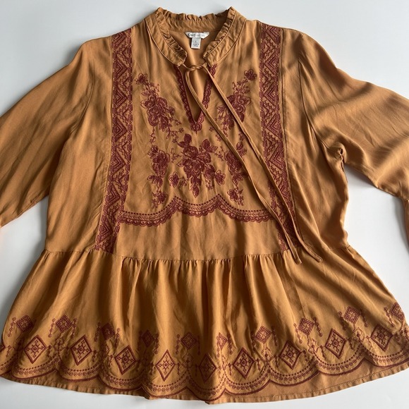 Womens Large Orange Red Embroidery Flare Sleeve Blouse Top Boho Festival Peasant - Picture 5 of 13